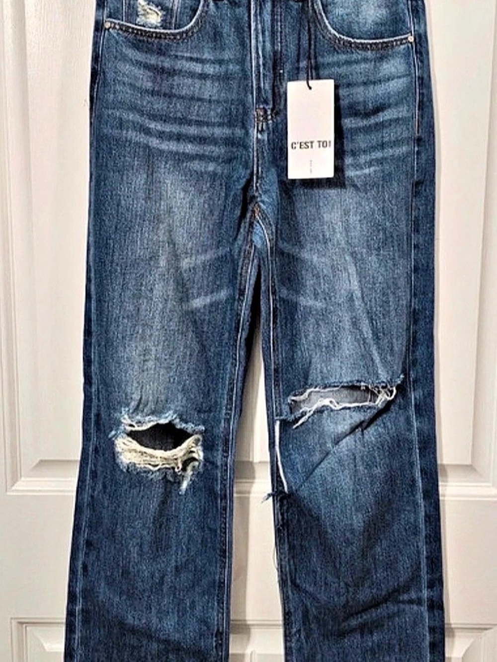 Risen Distressed Straight Leg Jeans